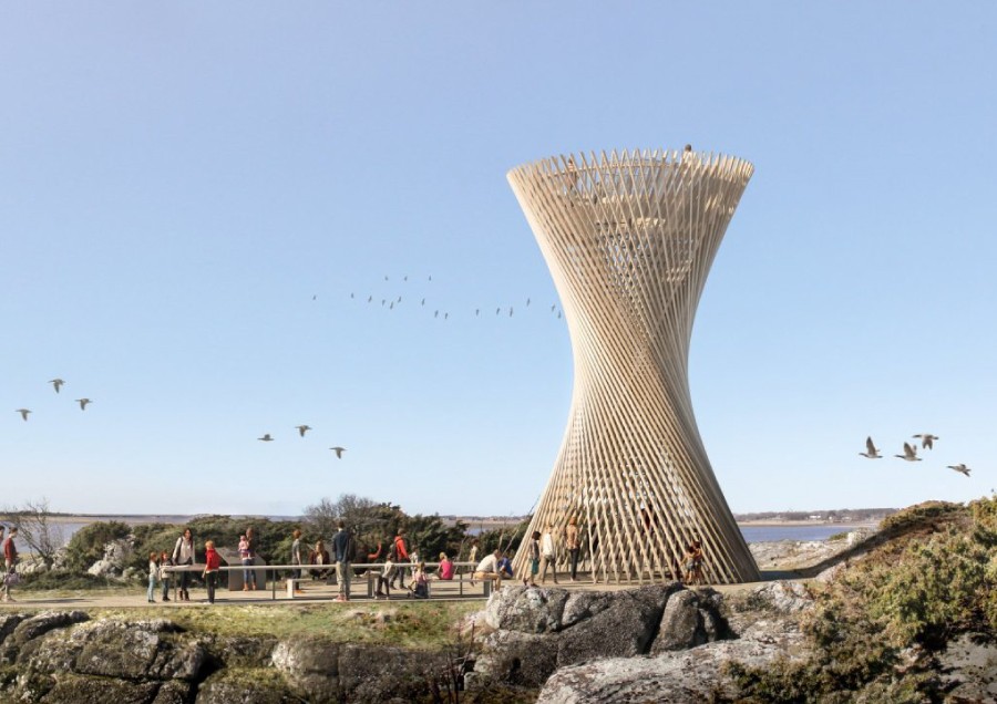 Visionsbild (montage) på fågeltorn vid Naturum Getterön, Varberg som skapar ytterligare en blickpunkt i landskapet Foto, montage och arkitekt: White arkitekter